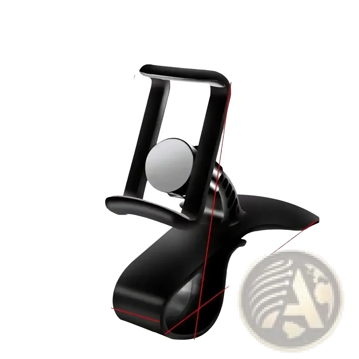 Black plastic car phone holder with silver magnetic center and adjustable clip for 360 rotatable dashboard mount