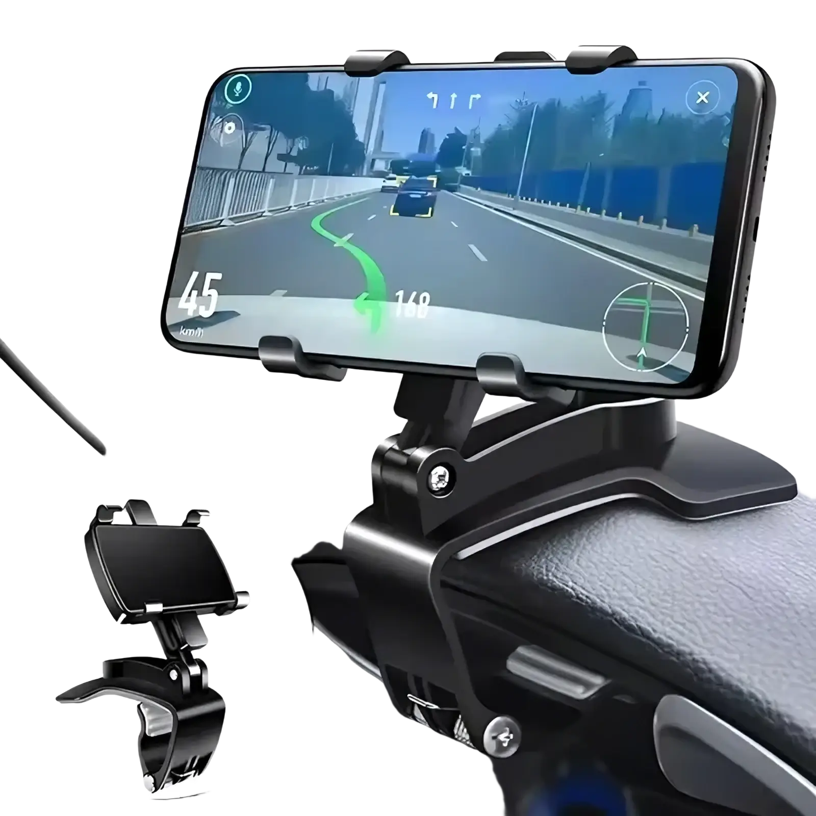 Black adjustable car phone holder dashboard mount with clamp and 360 rotation holding smartphone navigation display