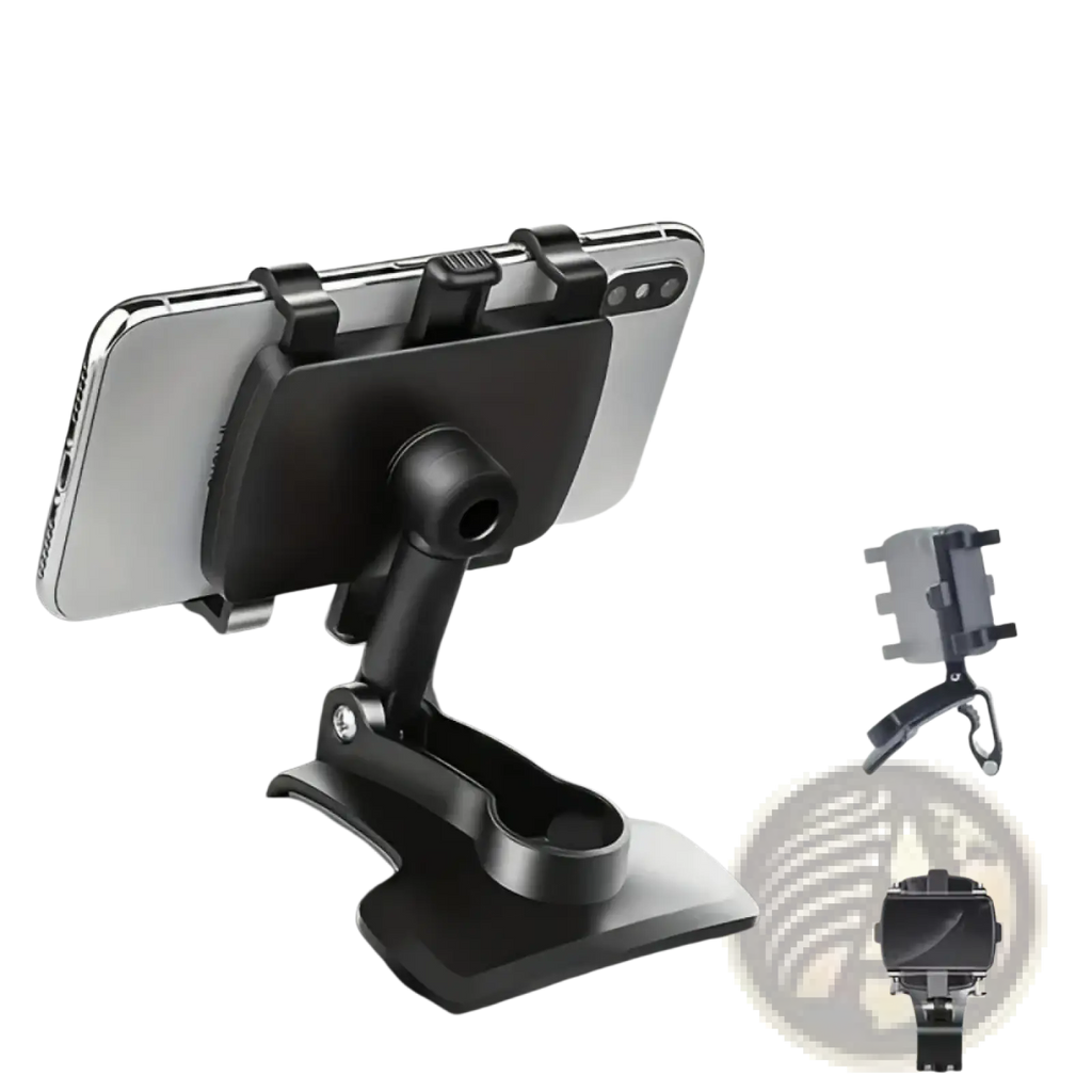 Black adjustable car phone holder dashboard mount showing back side with 360 rotation and multi-angle features