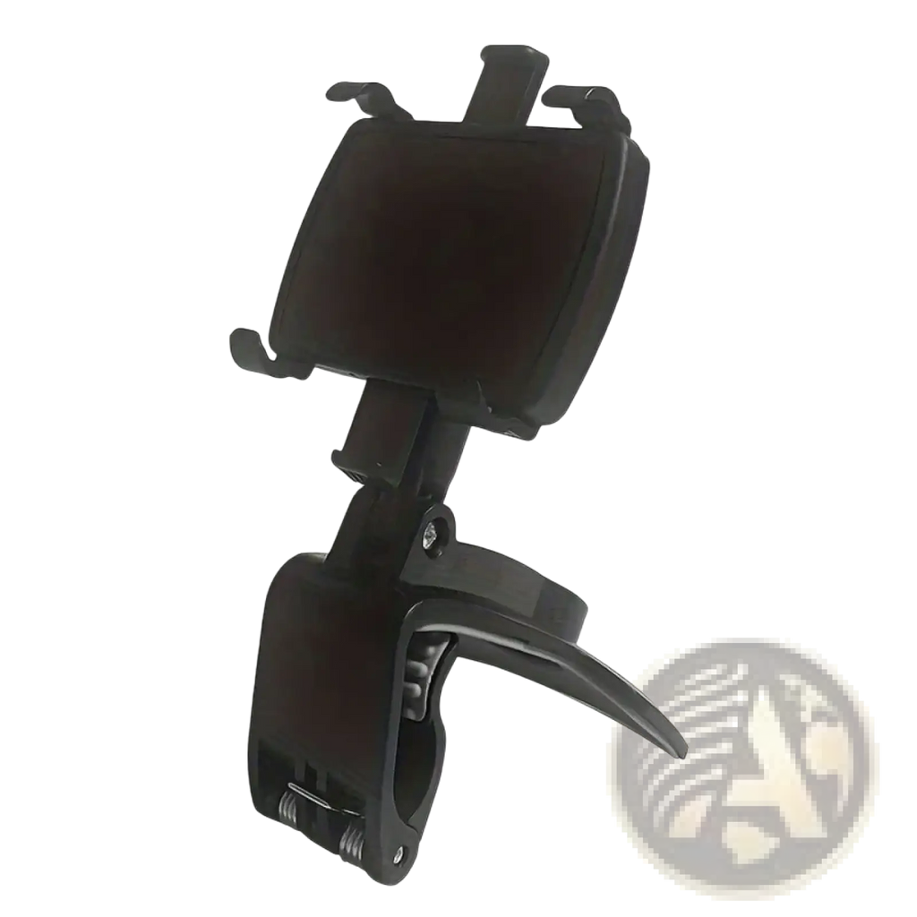Black plastic car phone holder with adjustable clamp and 360 rotation for dashboard mount use