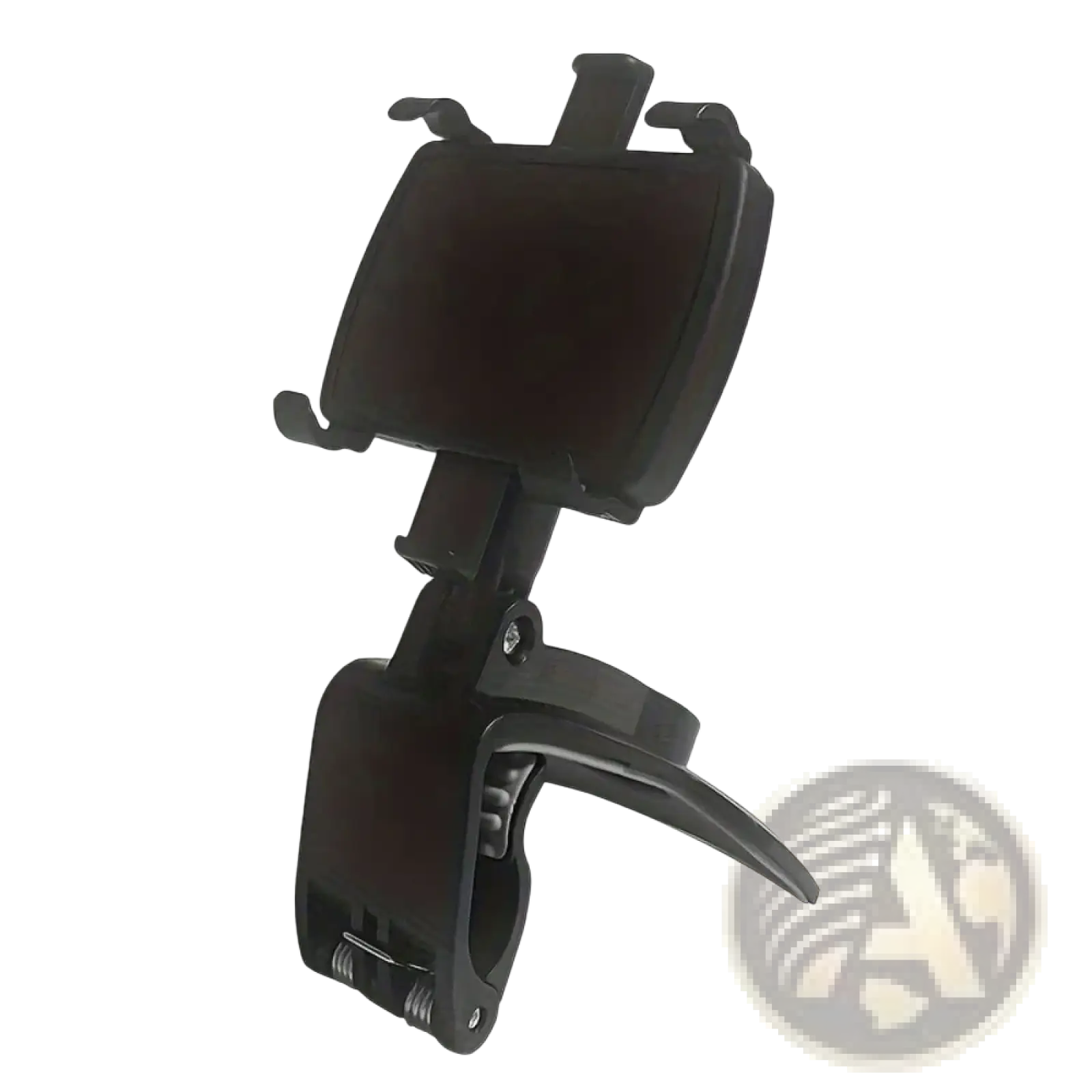 Black plastic car phone holder with adjustable clamp and 360 rotation for dashboard mount use