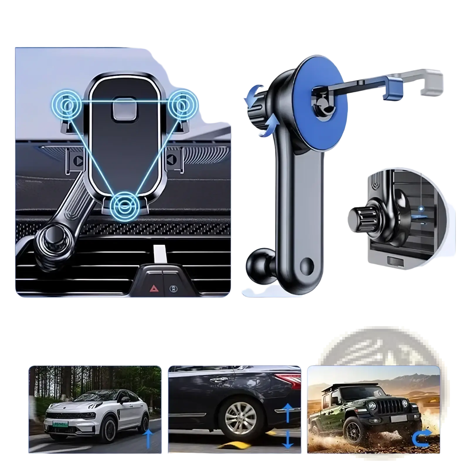 Black and blue metal car phone holder with magnetic adjustable arm for dashboard or vent mount