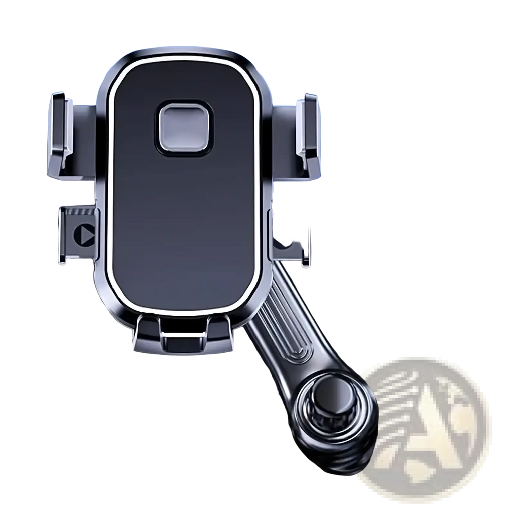 Black and silver metal car phone holder with sleek modern design and hook vent mount for secure phone placement