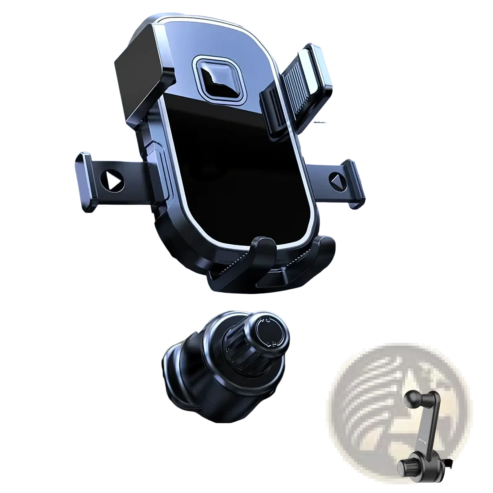 Black and silver car phone holder metal hook vent mount with adjustable clamps and rotating base for secure grip