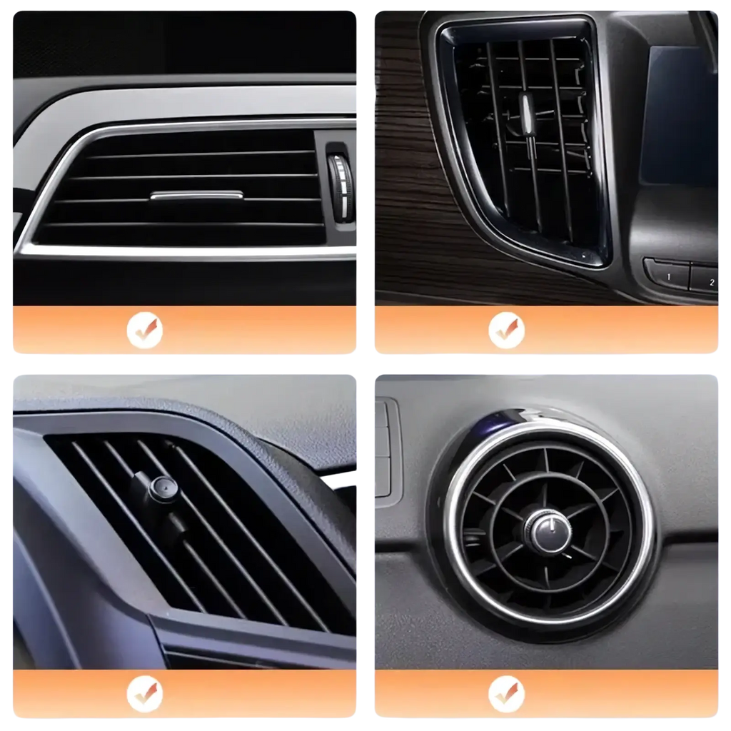 Chrome-finished metal car phone holder vent mount with sleek modern design and black interior air vent grilles
