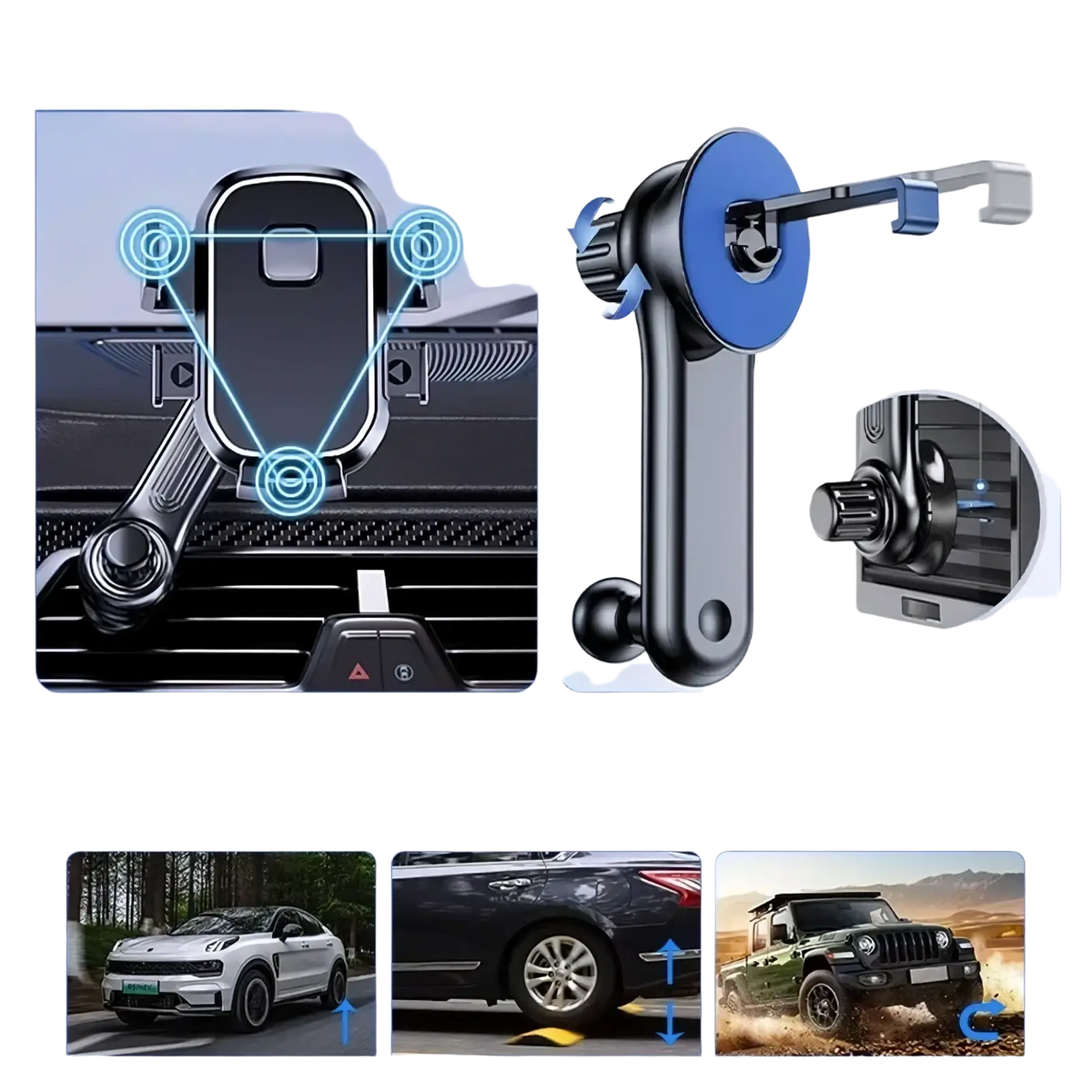 Black and blue metal car phone holder with magnetic adjustable arm for dashboard or vent mount