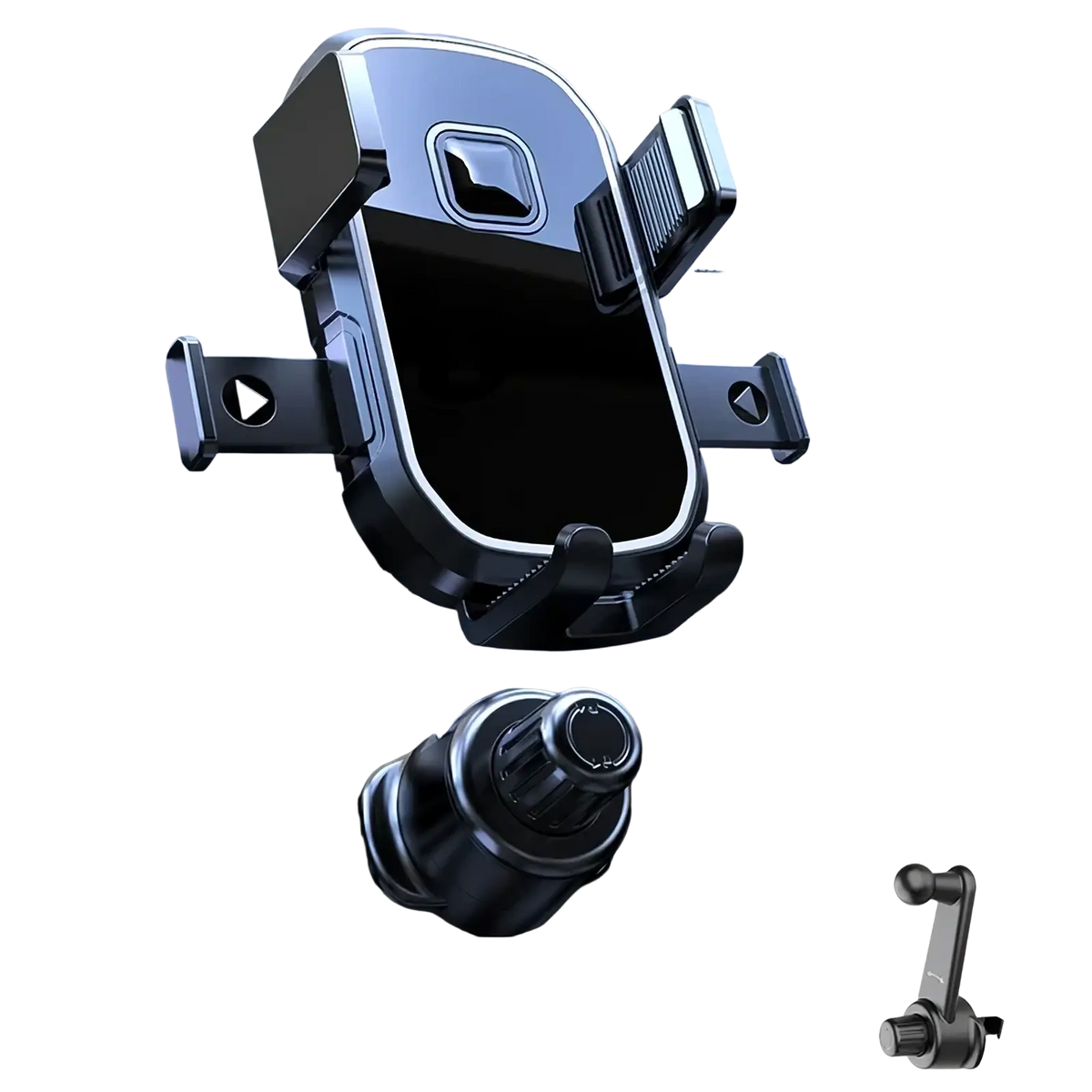 Black and silver car phone holder metal hook vent mount with adjustable clamps and rotating base for secure grip