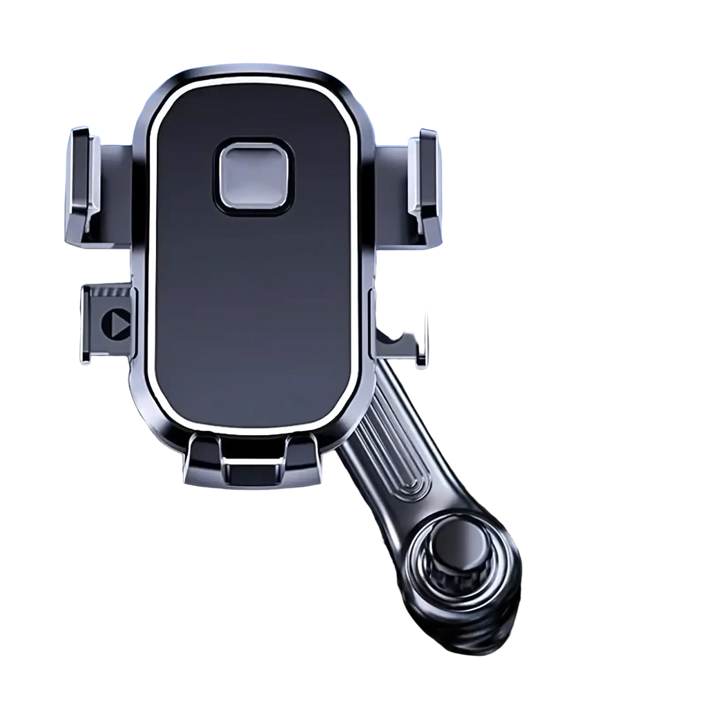 Black and silver metal car phone holder with sleek modern design and hook vent mount for secure phone placement