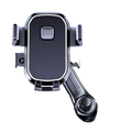 Black and silver metal car phone holder with sleek modern design and hook vent mount for secure phone placement