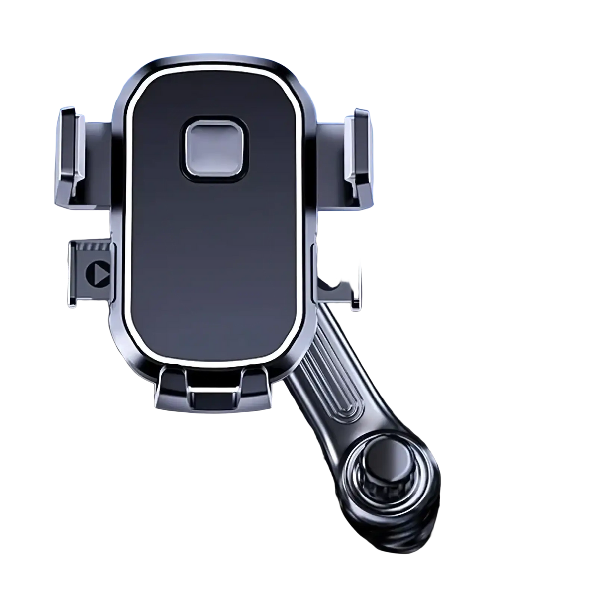 Black and silver metal car phone holder with sleek modern design and hook vent mount for secure phone placement