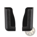 Black textured plastic holster covers on the back side of a car phone holder with usb charger