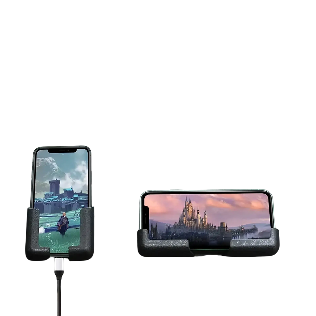 Black textured car phone holder with usb charger featuring two slots for smartphones for convenient use in vehicles