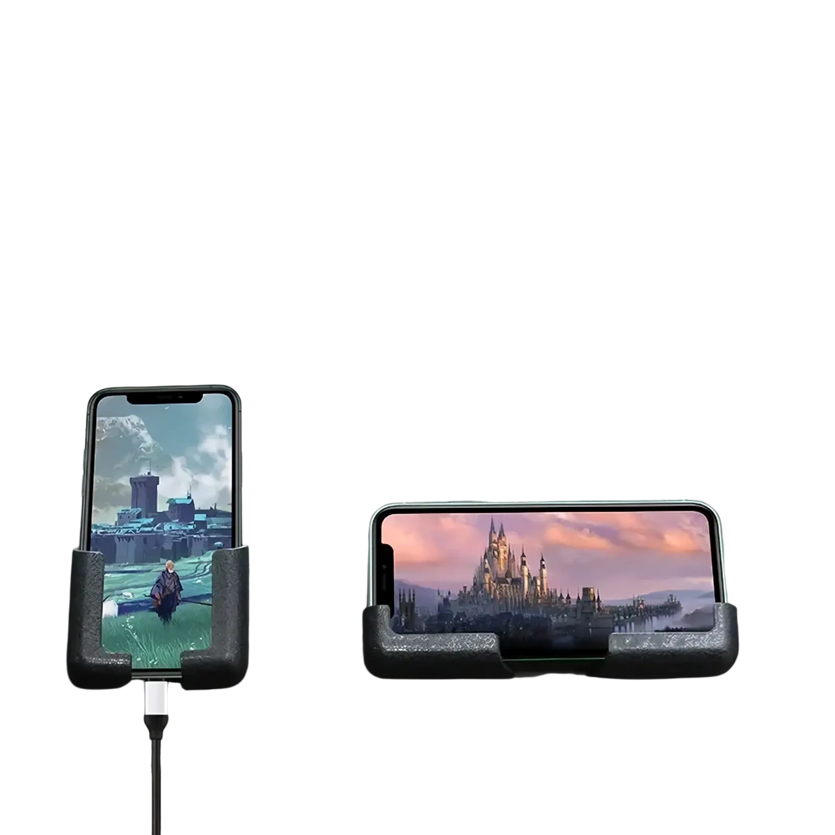Black textured car phone holder with usb charger featuring two slots for smartphones for convenient use in vehicles