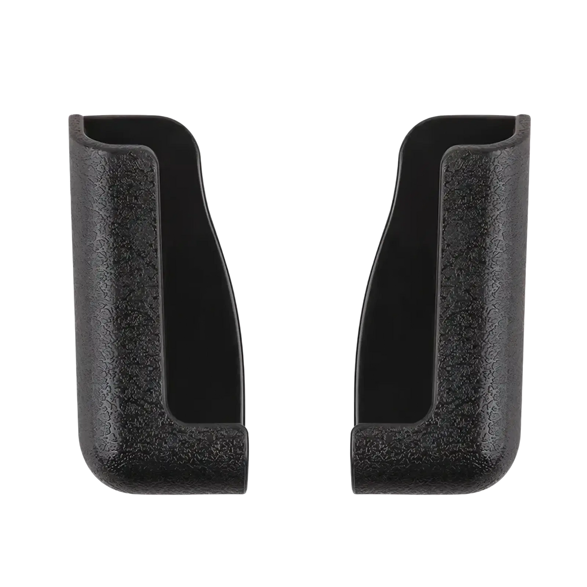 Black textured plastic holster covers on the back side of a car phone holder with usb charger
