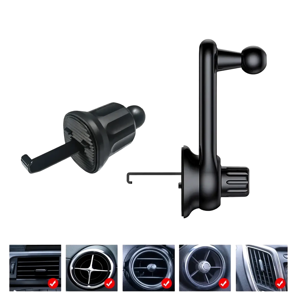 Black car phone holder vent mount with ball joint and adjustable arm showing the back side of the air outlet bracket