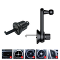 Black car phone holder vent mount with ball joint and adjustable arm showing the back side of the air outlet bracket