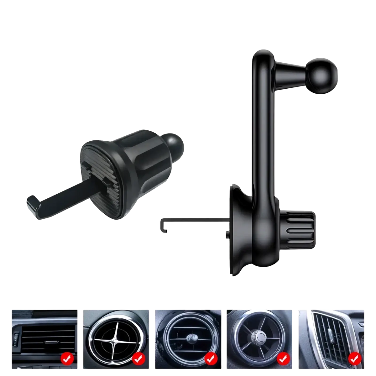Black car phone holder vent mount with ball joint and adjustable arm showing the back side of the air outlet bracket