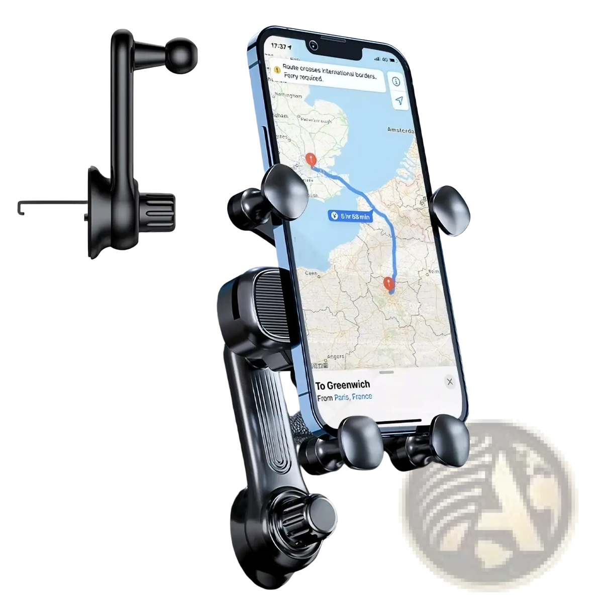 Black plastic car phone holder vent mount with adjustable clamps and suction cup base for universal use