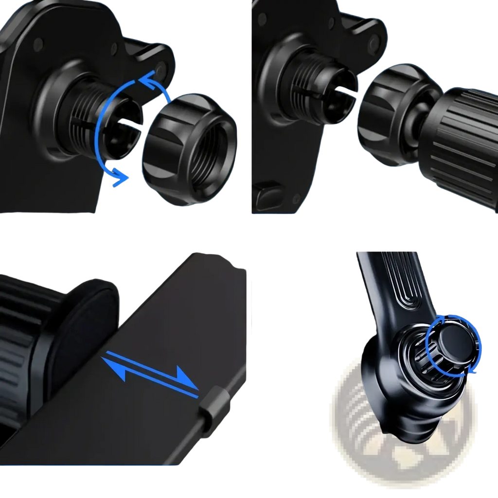 Black plastic car phone holder vent mount with adjustable ball head and knob for secure air vent attachment