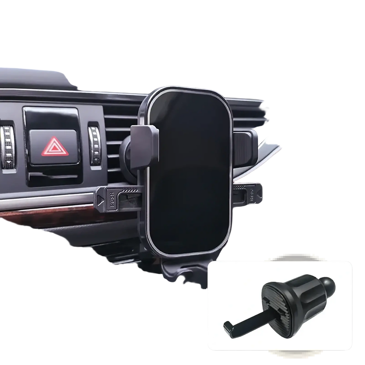 Black car phone holder vent mount with sleek minimalist design and adjustable clamps for secure holding