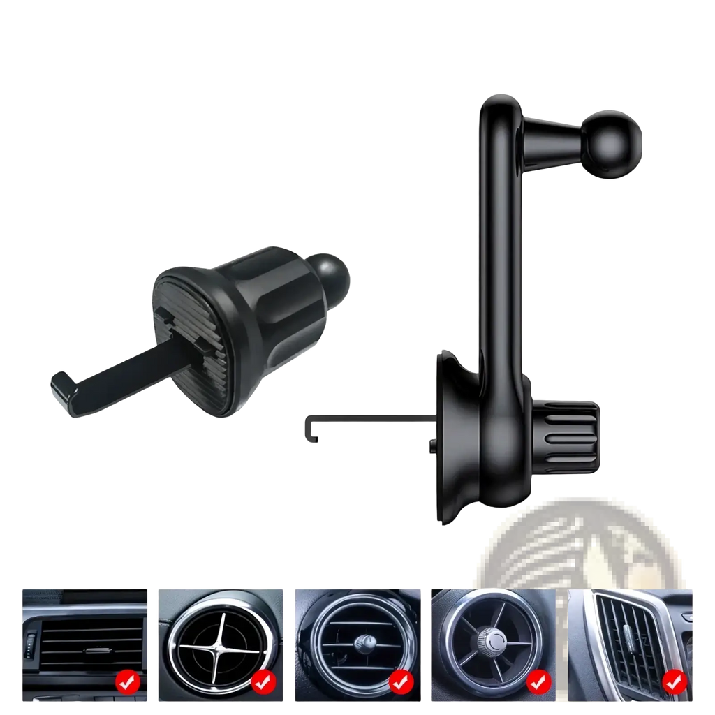 Black car phone holder vent mount with ball joint and adjustable arm showing the back side of the air outlet bracket