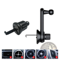 Black car phone holder vent mount with ball joint and adjustable arm showing the back side of the air outlet bracket