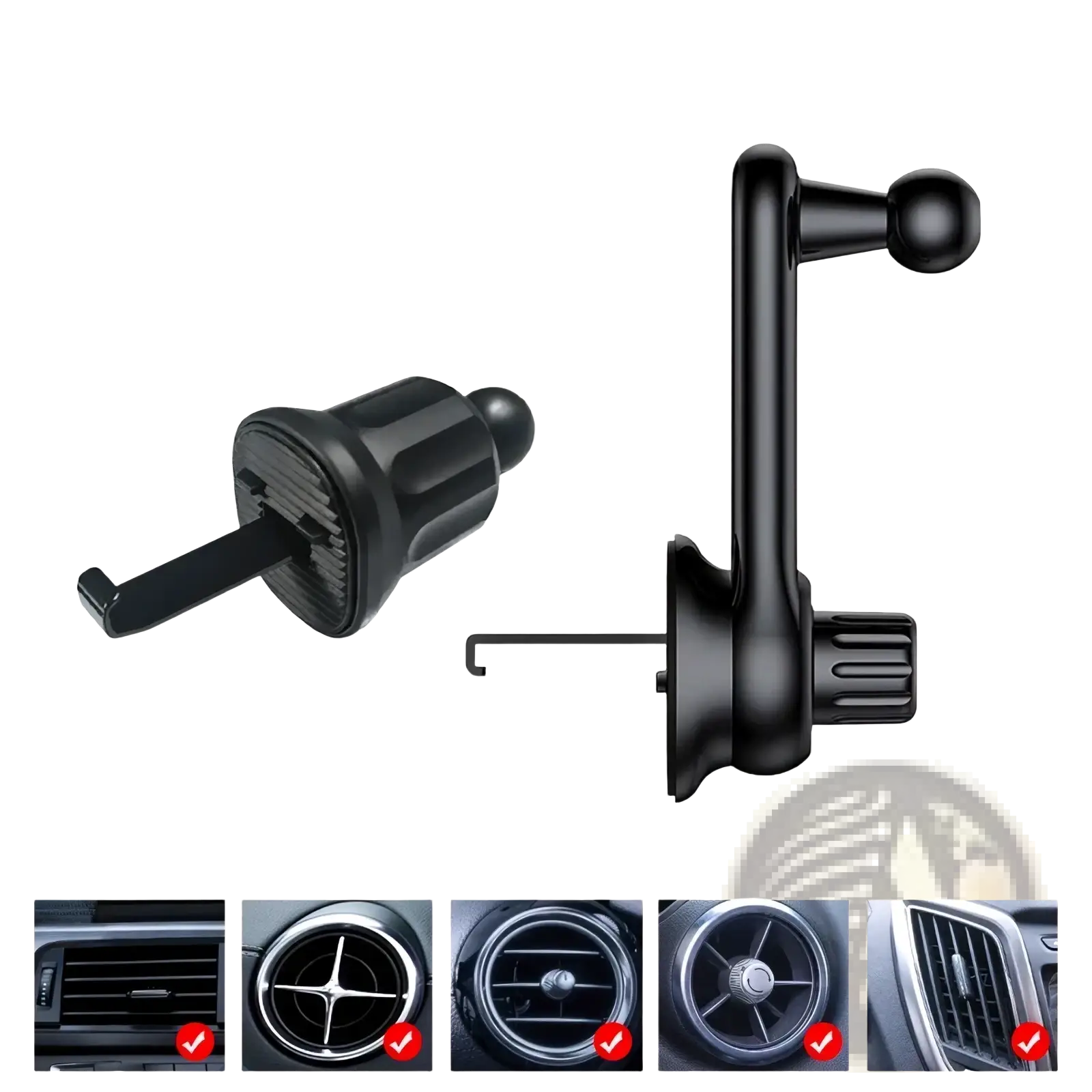 Black car phone holder vent mount with ball joint and adjustable arm showing the back side of the air outlet bracket