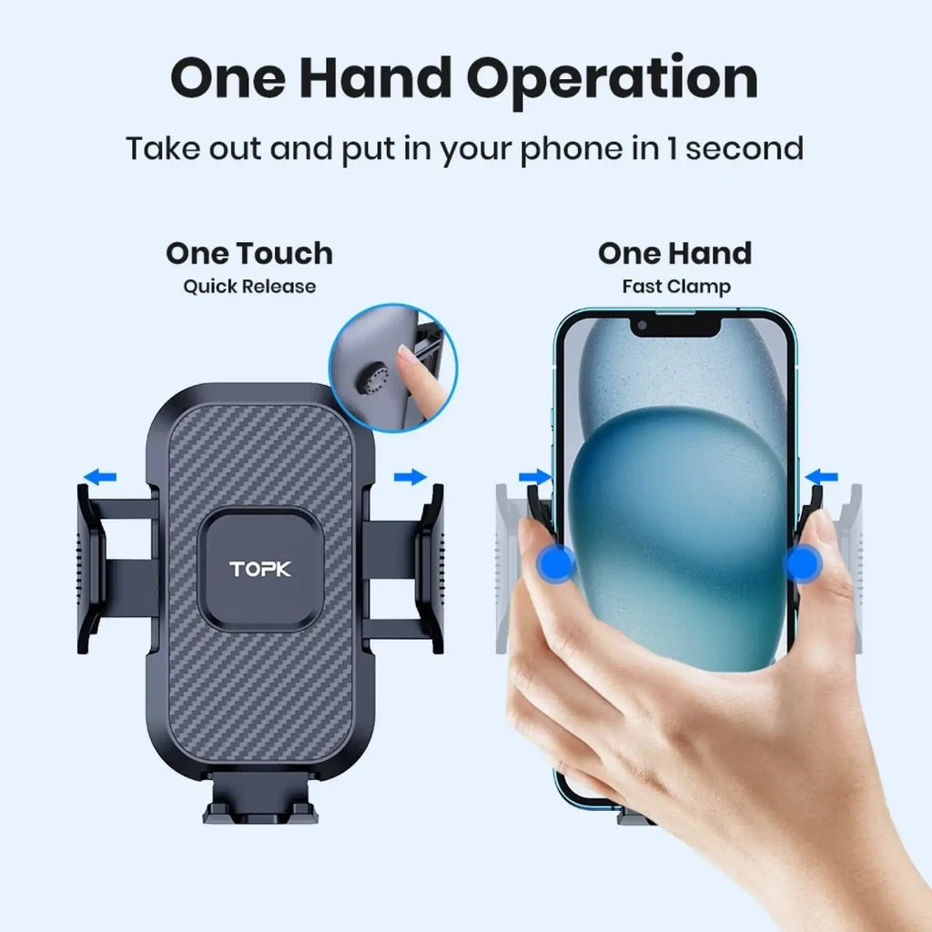 Black carbon fiber textured car phone holder vent mount with topk logo featuring universal auto locking mechanism