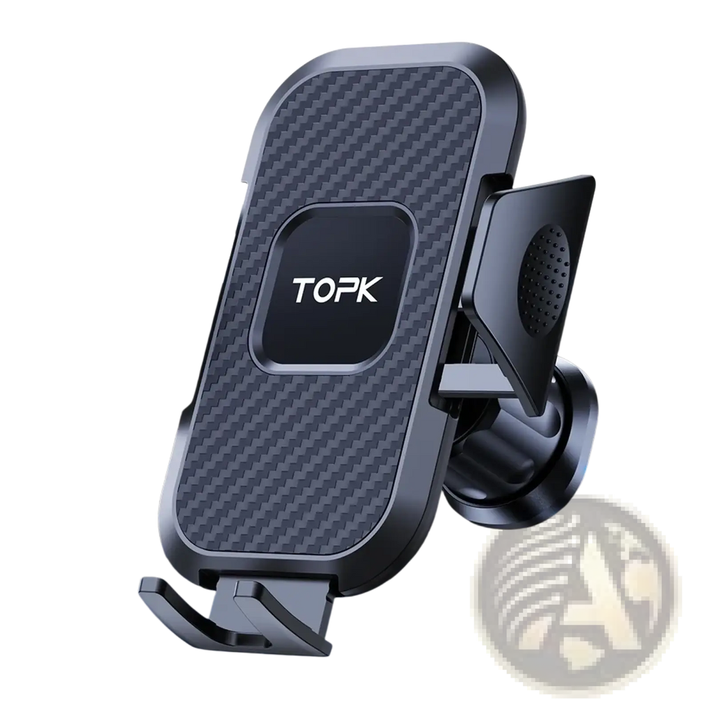 Black carbon fiber-textured car phone holder vent mount with universal auto locking and topk logo displayed