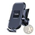 Black carbon fiber-textured car phone holder vent mount with universal auto locking and topk logo displayed
