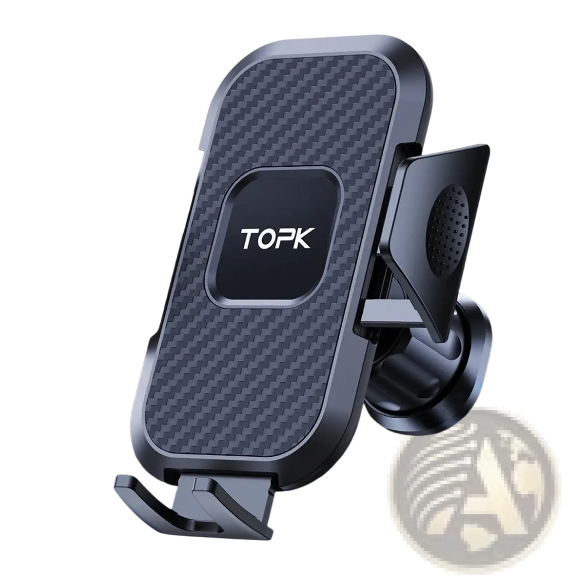 Black carbon fiber-textured car phone holder vent mount with universal auto locking and topk logo displayed