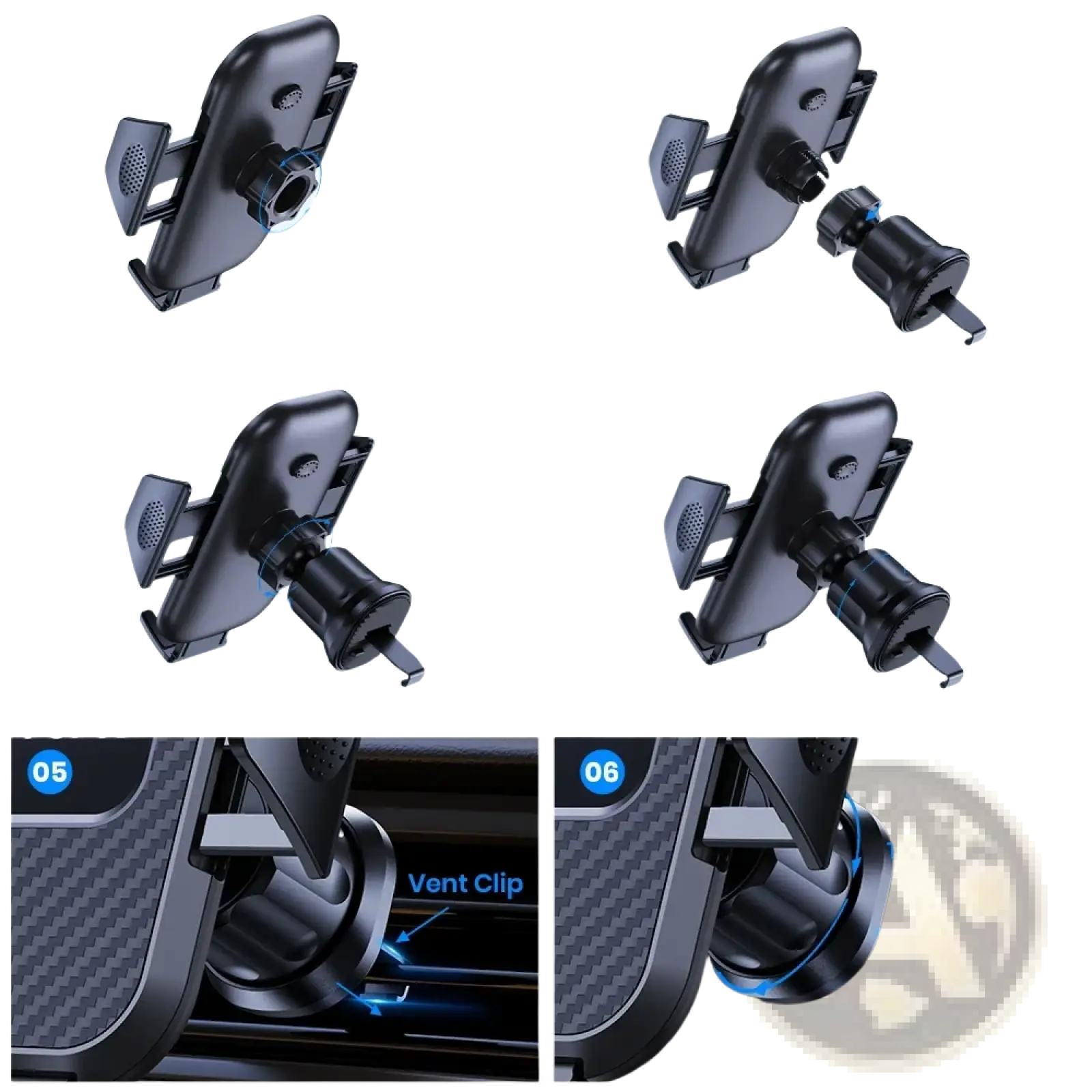 Black plastic car phone holder with ball head and vent clip mechanism for universal auto locking mount