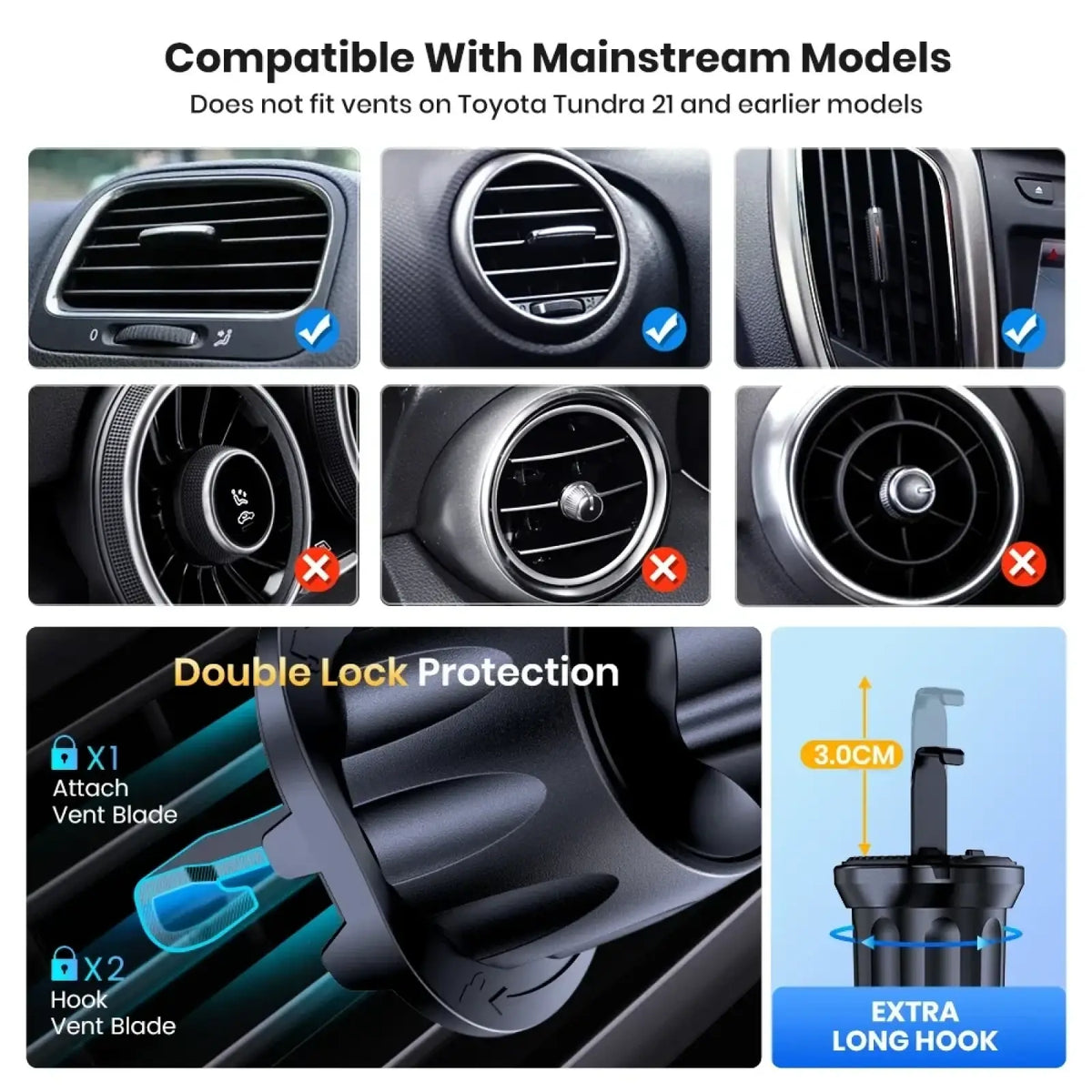Black plastic car phone holder vent mount with double lock mechanism and extra long hook for universal auto locking