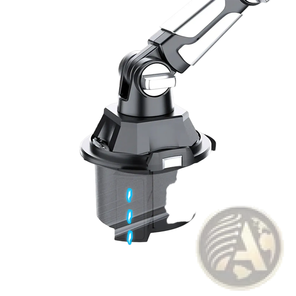 Black and silver adjustable car phone mount with rotating base for secure hands free device holding in vehicle