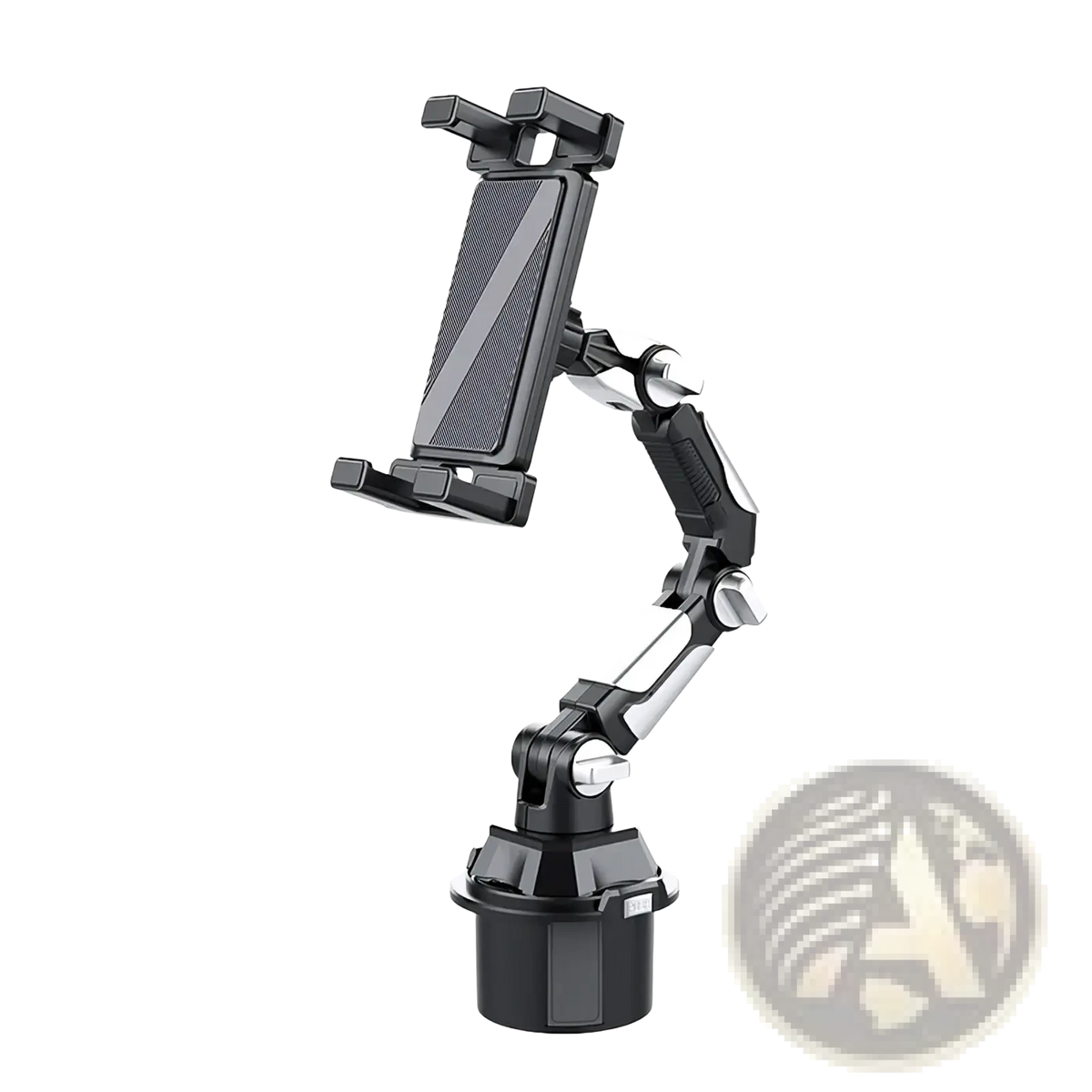 Black and silver adjustable car phone mount with textured grip surface and 360 degree hands free stand functionality