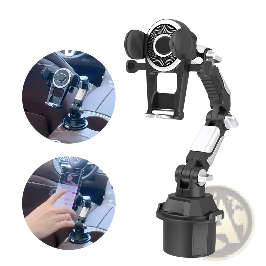 Black and silver car phone mount with 360 adjustable flexible arm for secure hands free device holding