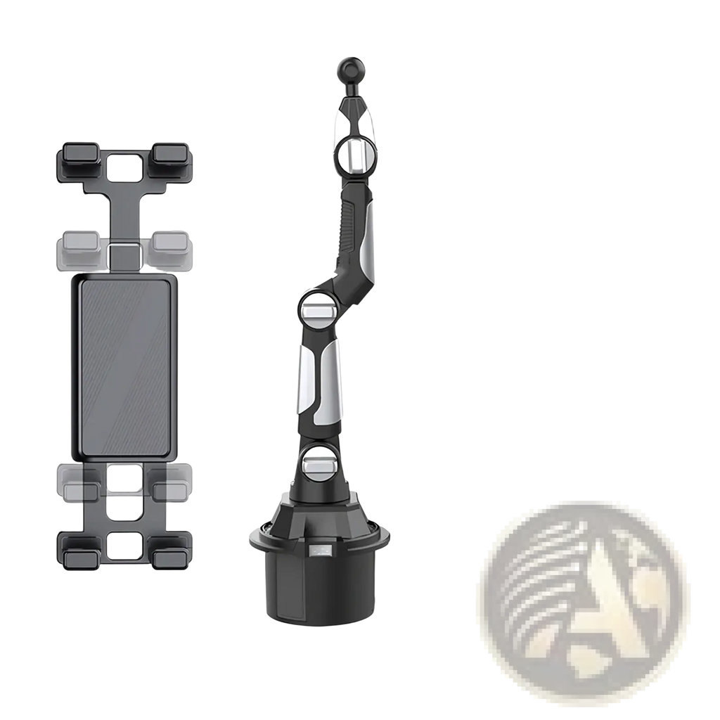 Black and silver adjustable car phone mount with flexible arm for secure 360 degree hands free use
