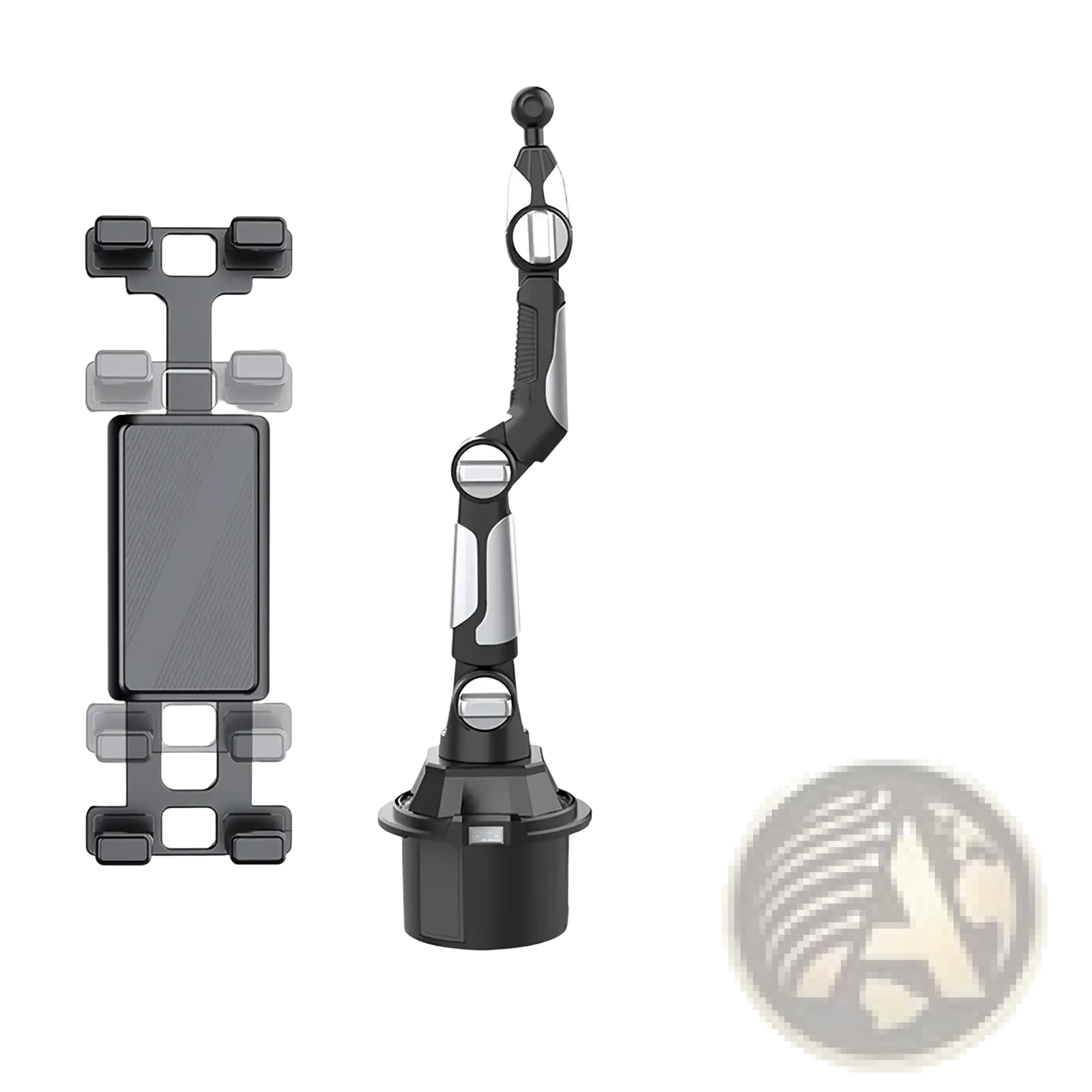 Black and silver adjustable car phone mount with flexible arm for secure 360 degree hands free use