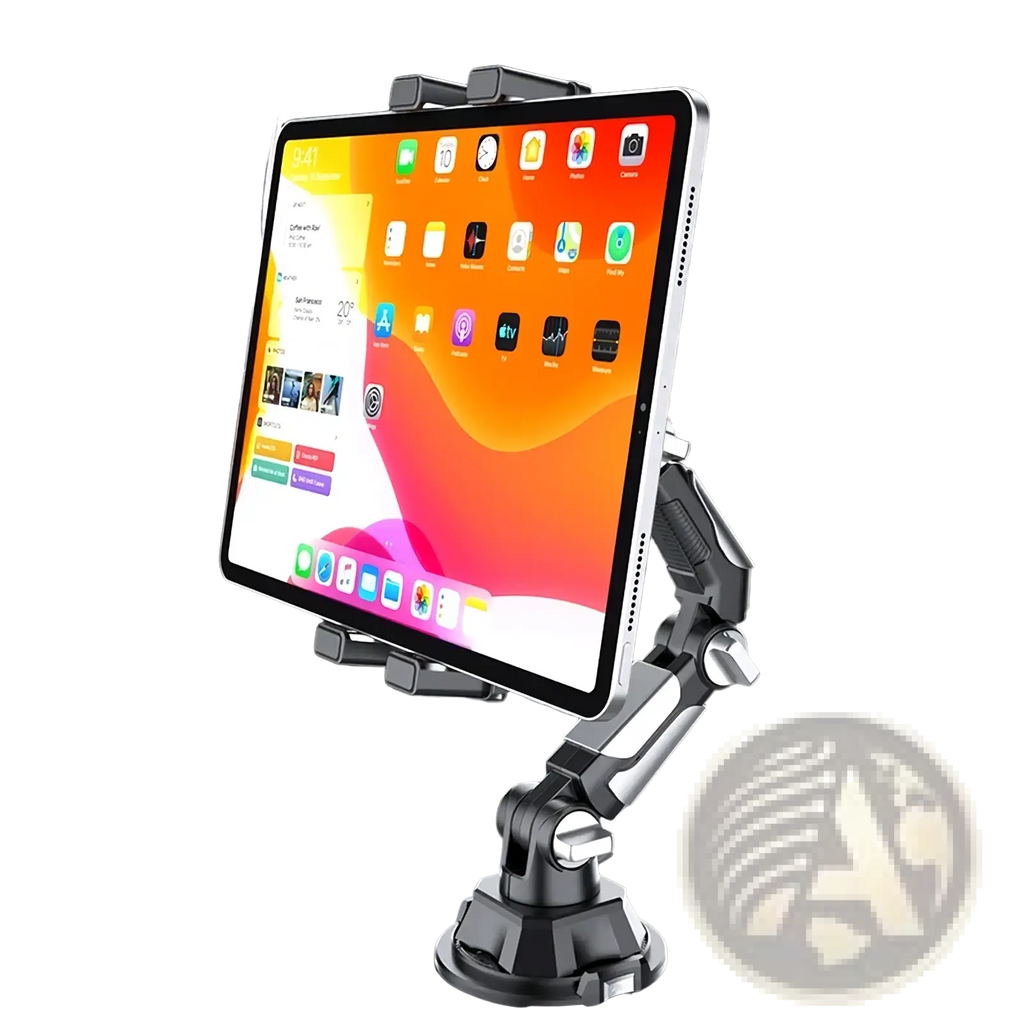 Black and silver adjustable car phone mount 360 adjustable hands free stand holding a tablet securely