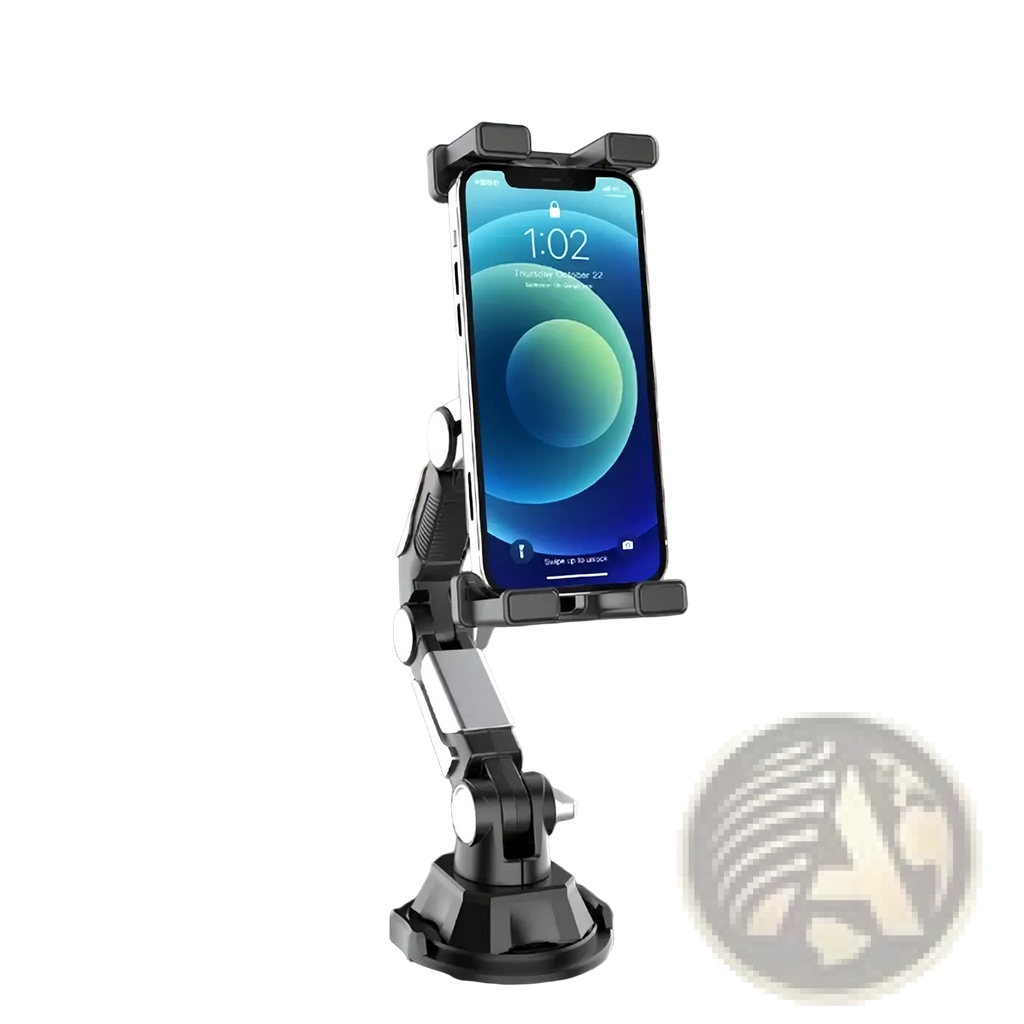Black and silver adjustable car phone mount 360 hands free stand holding a smartphone securely in place