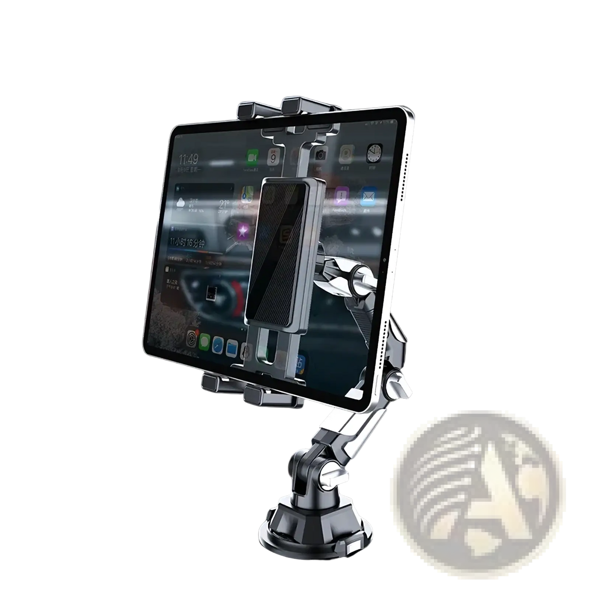 Silver metallic car phone mount with adjustable arms and suction cup base holding an ipad securely in place