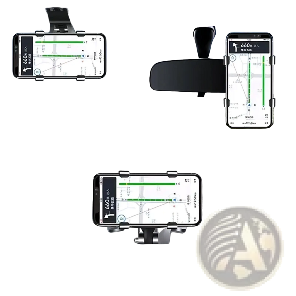 Black smartphone car mount with 360 degree adjustable clamps holding three phones displaying navigation apps on dashboard