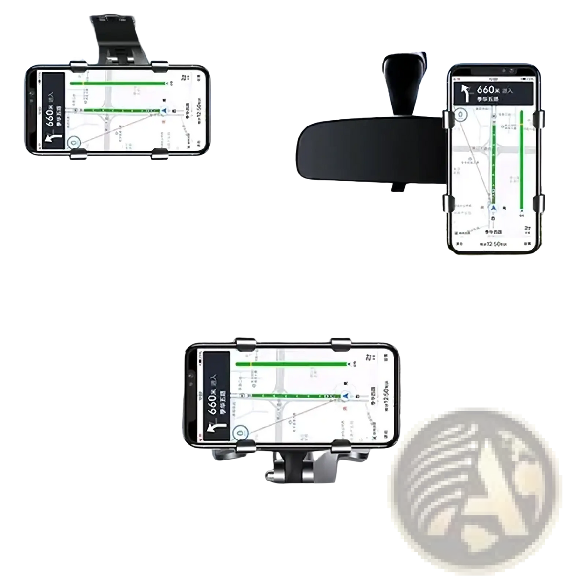 Black smartphone car mount with 360 degree adjustable clamps holding three phones displaying navigation apps on dashboard