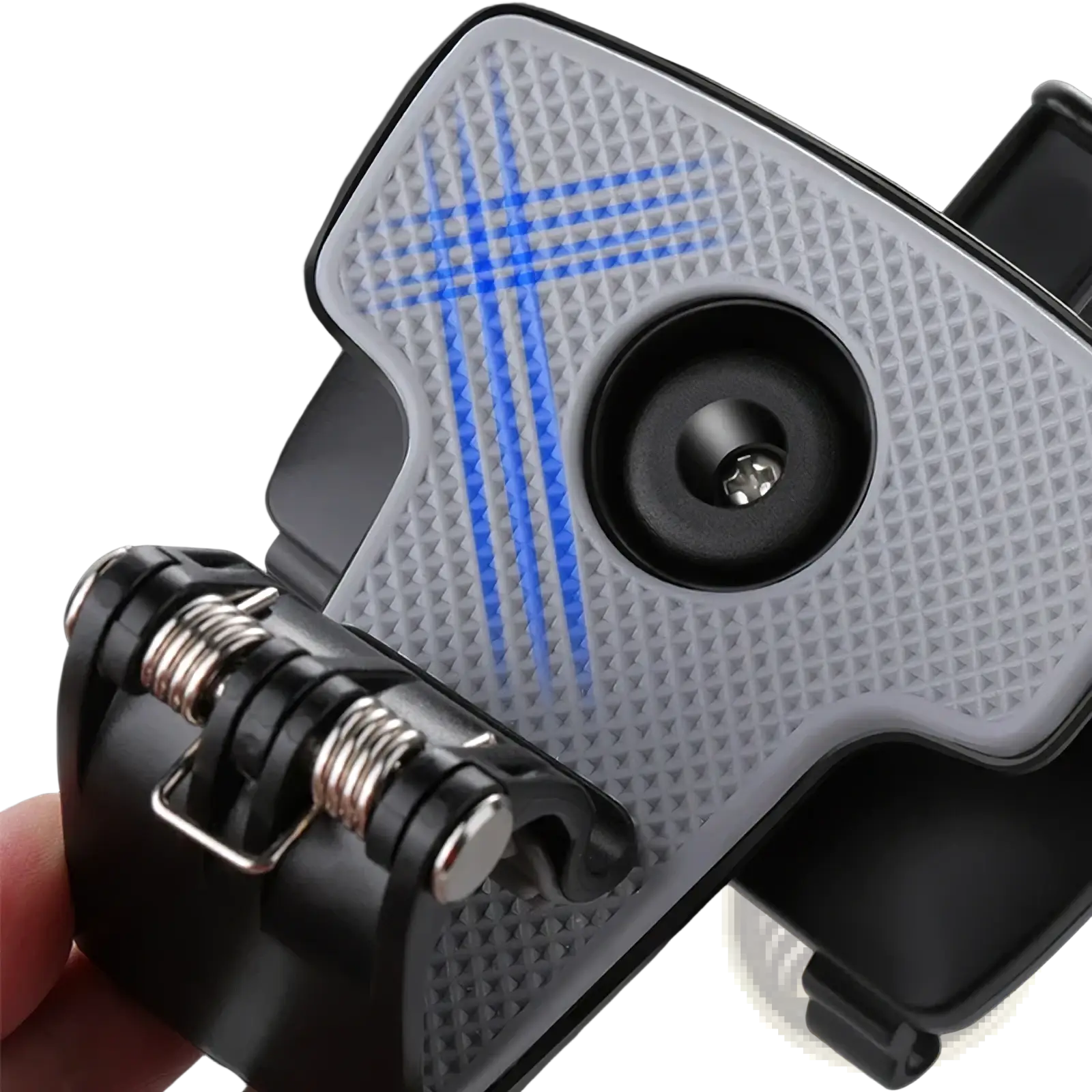 Black and gray car phone mount with textured grip and blue illuminated cross pattern for 360 degree adjustable dashboard use