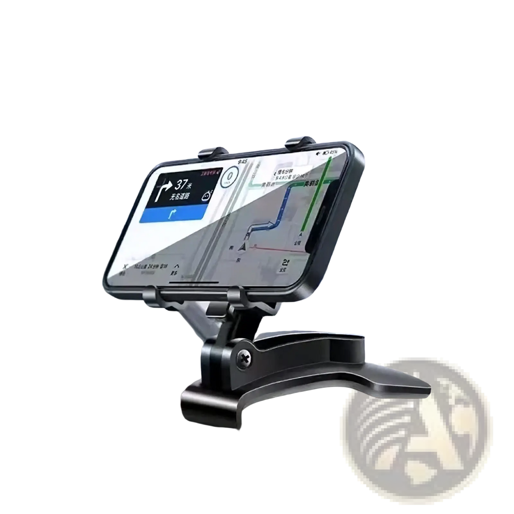Black metal car phone mount 360 degree adjustable dashboard holder securely holding smartphone with navigation app displayed