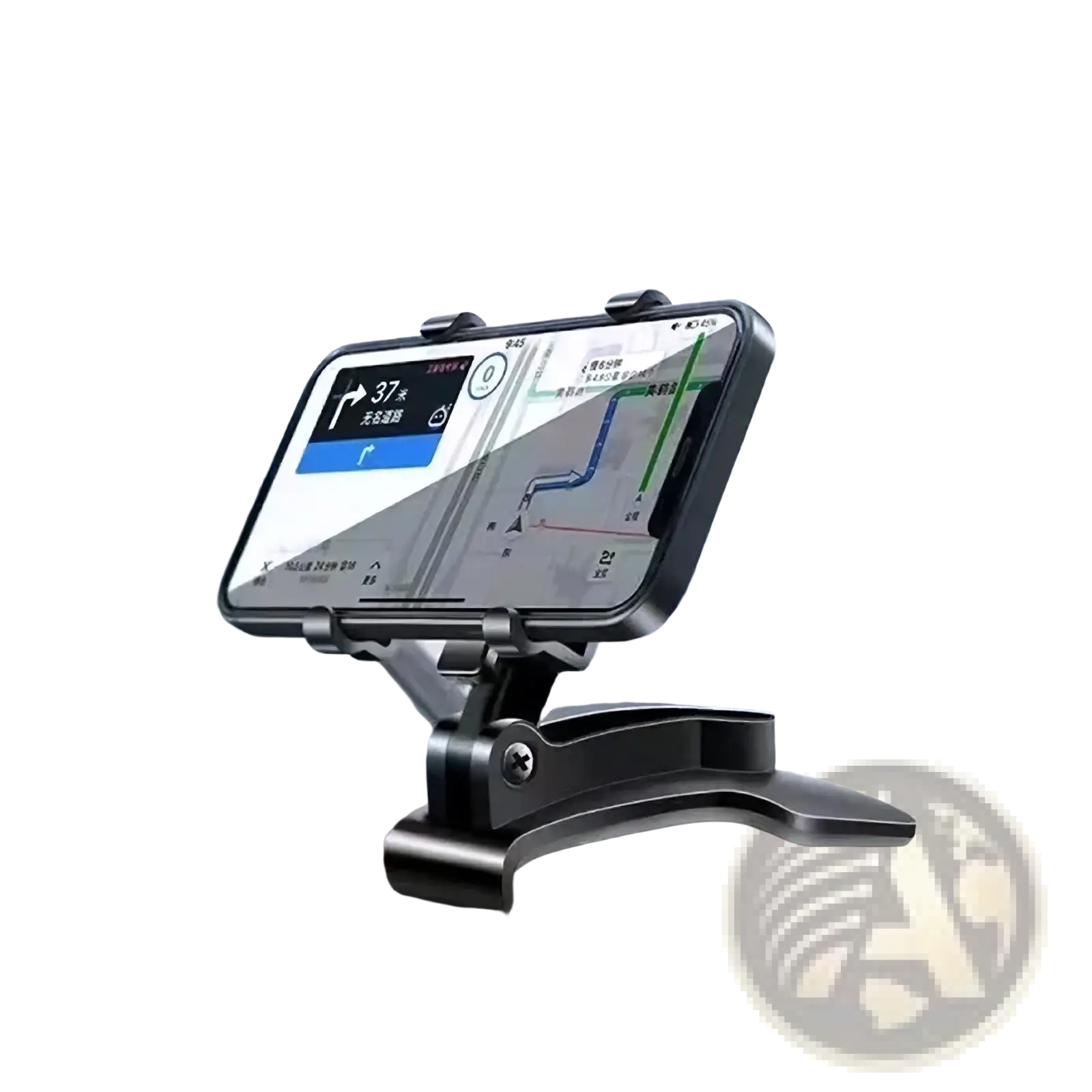 Black metal car phone mount 360 degree adjustable dashboard holder securely holding smartphone with navigation app displayed