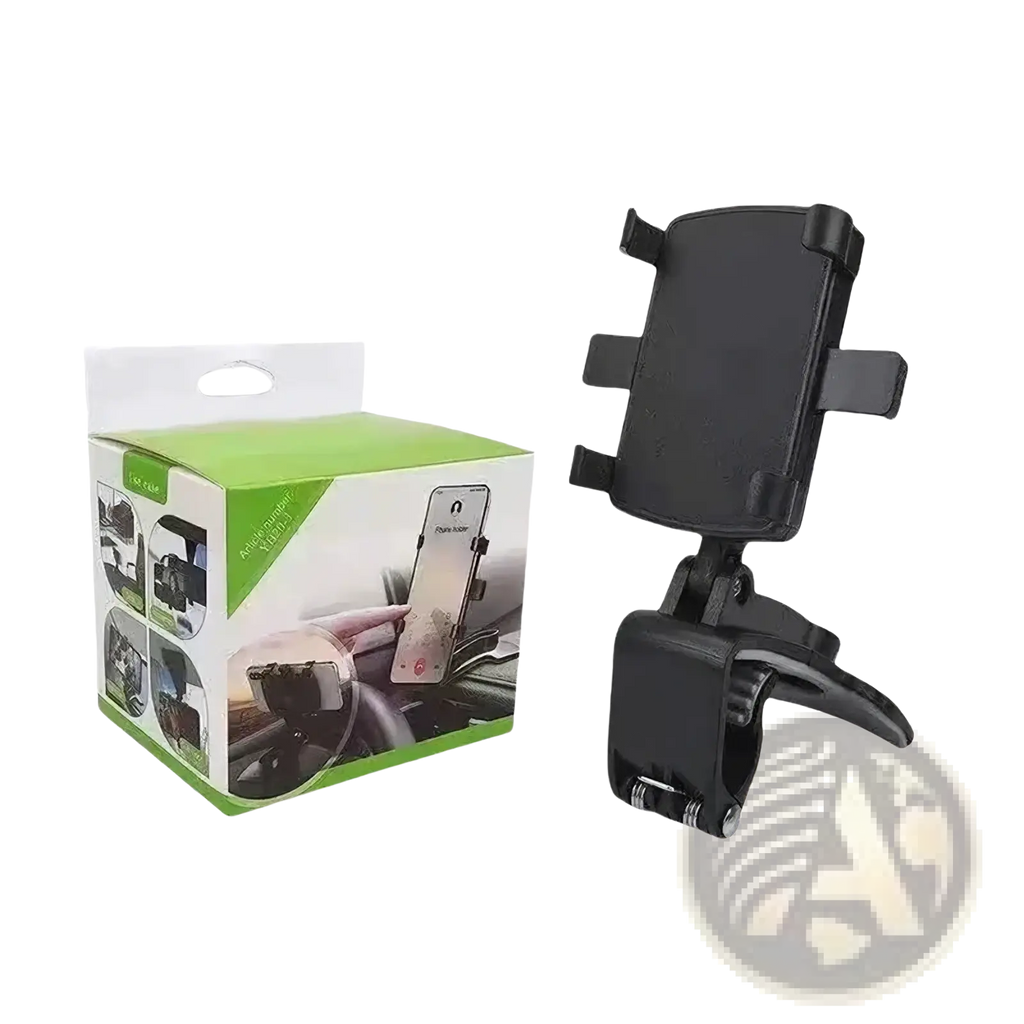 Black plastic car phone mount with adjustable clamps and universal cradle for 360 degree dashboard use