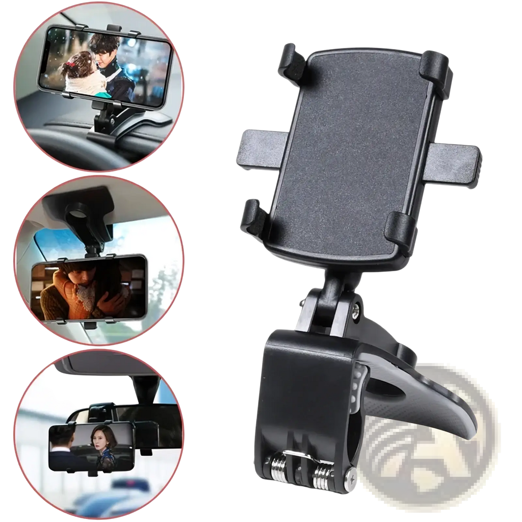Black plastic car phone mount with adjustable clamp and universal cradle for 360 degree dashboard holding