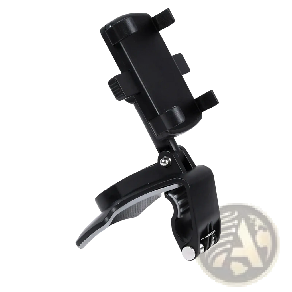 Black plastic car phone mount with adjustable clip and cradle for 360 degree dashboard holder shown from back side
