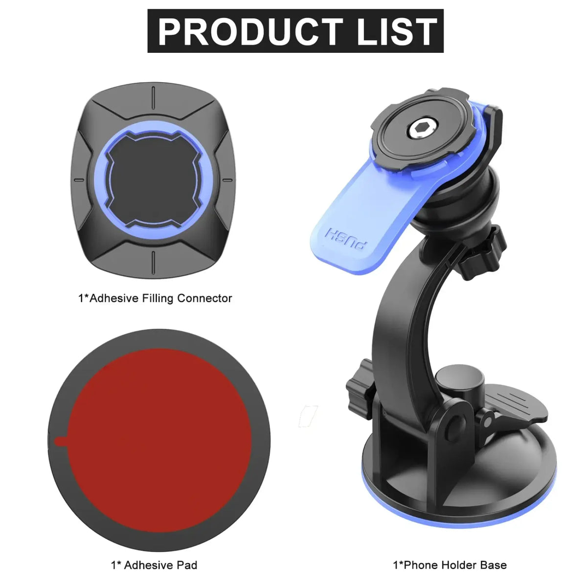 Black and blue car phone mount with adjustable arm and suction cup base for 360 rotation dashboard use